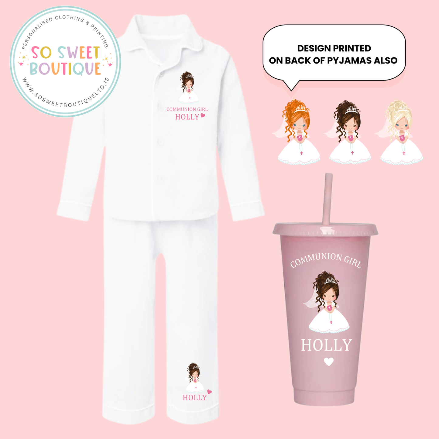 Communion Girl Upstyle Hair White Cotton PJs & Pink Cold Cup - SoSweetBoutiqueLtd