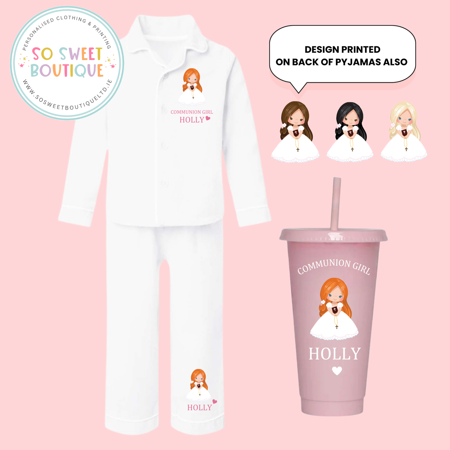 Communion Girl Long Hair White Cotton PJs & Pink Cold Cup - SoSweetBoutiqueLtd
