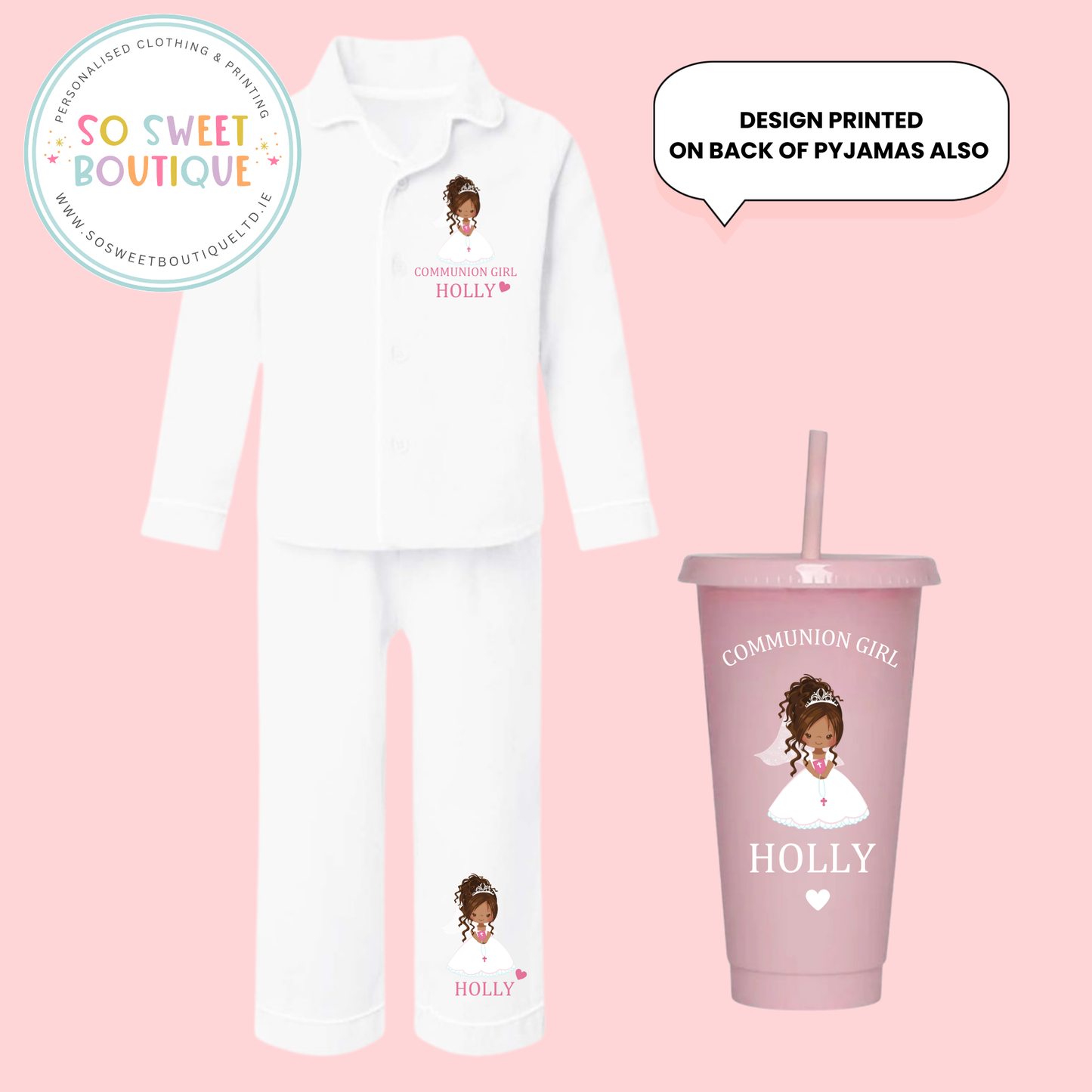 Communion Girl Upstyle Hair White Cotton PJs & Pink Cold Cup - SoSweetBoutiqueLtd