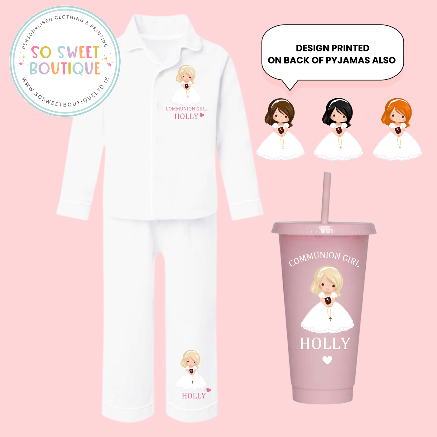 Communion Girl Short Hair White Cotton PJs & Pink Cold Cup - SoSweetBoutiqueLtd