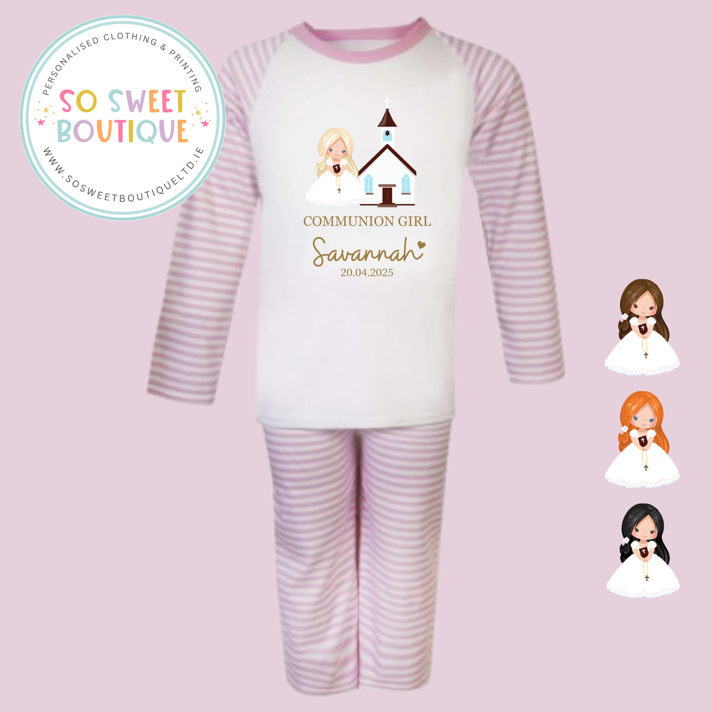 Communion Girl Long Hair Pink Stripe PJs