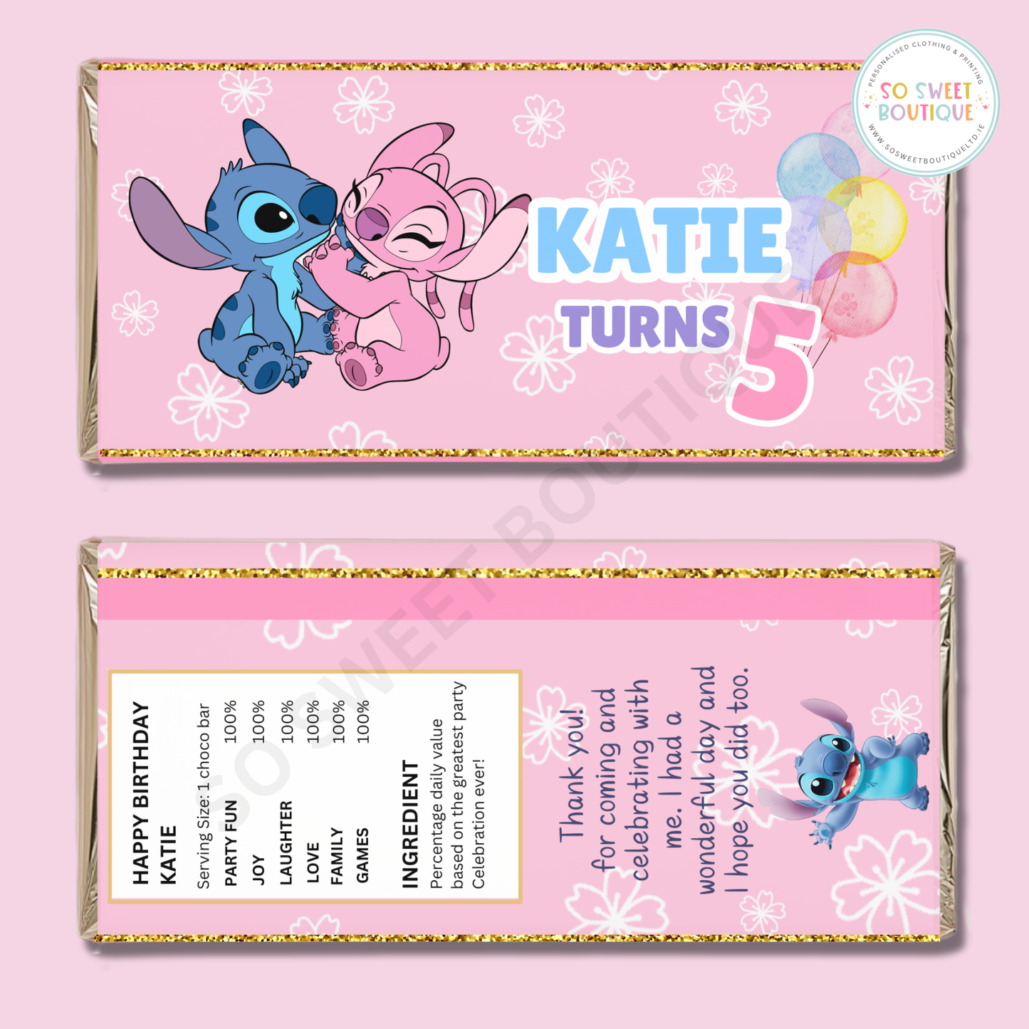 Stitch & Angel themed Personalised 40g Milk Chocolate Bars - 5 Pack