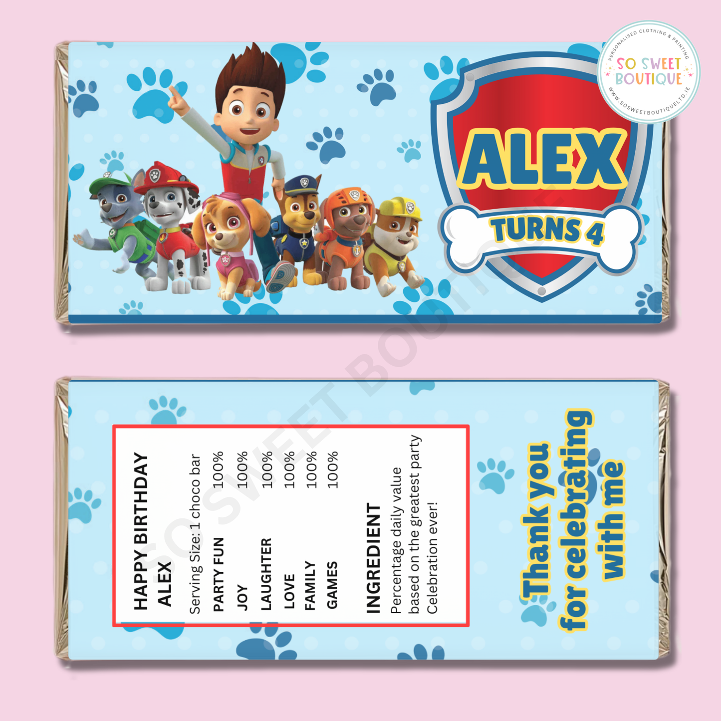 Paw Patrol Personalised 40g Milk Chocolate Bar