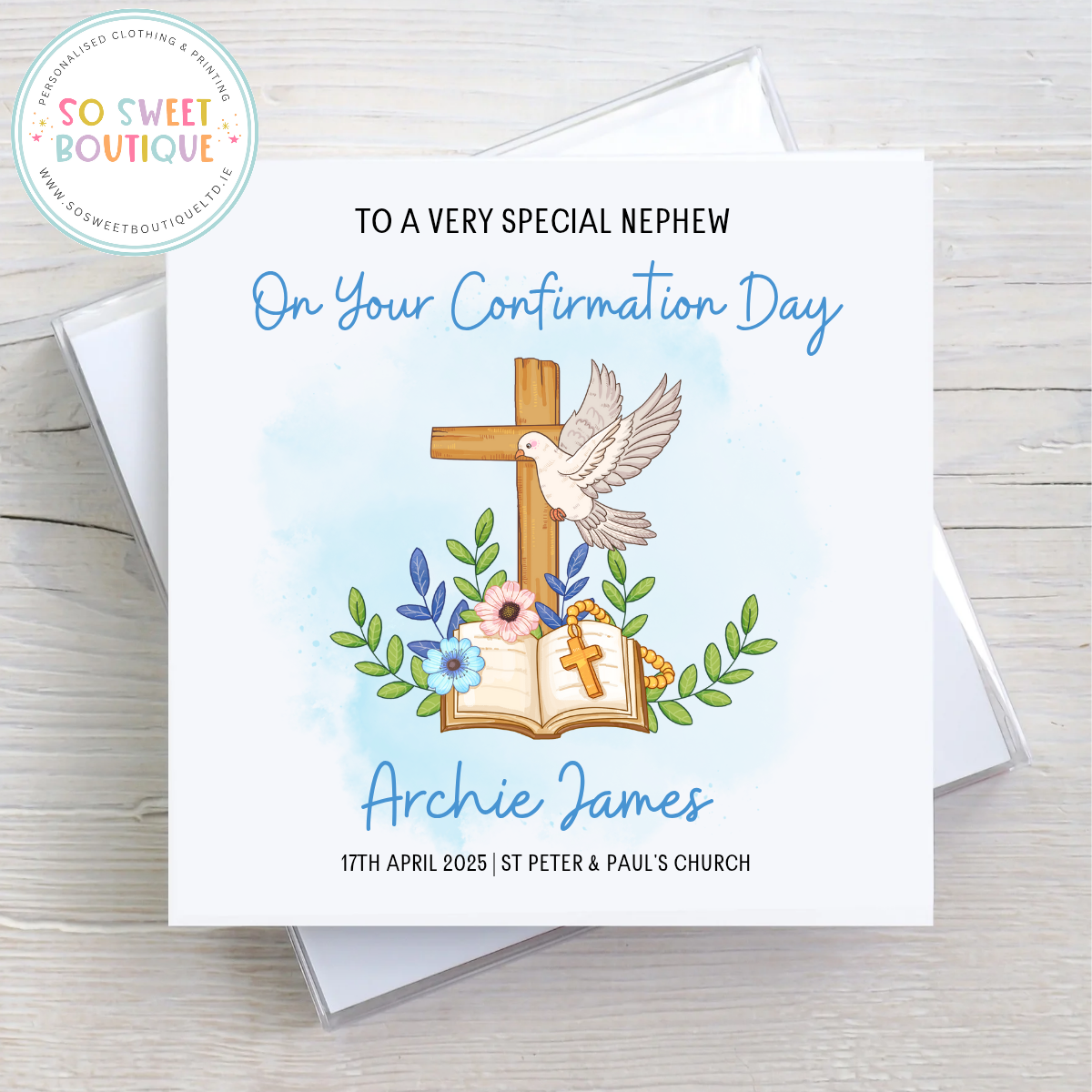 Personalised Confirmation Day Card Blue Dove - SoSweetBoutiqueLtd