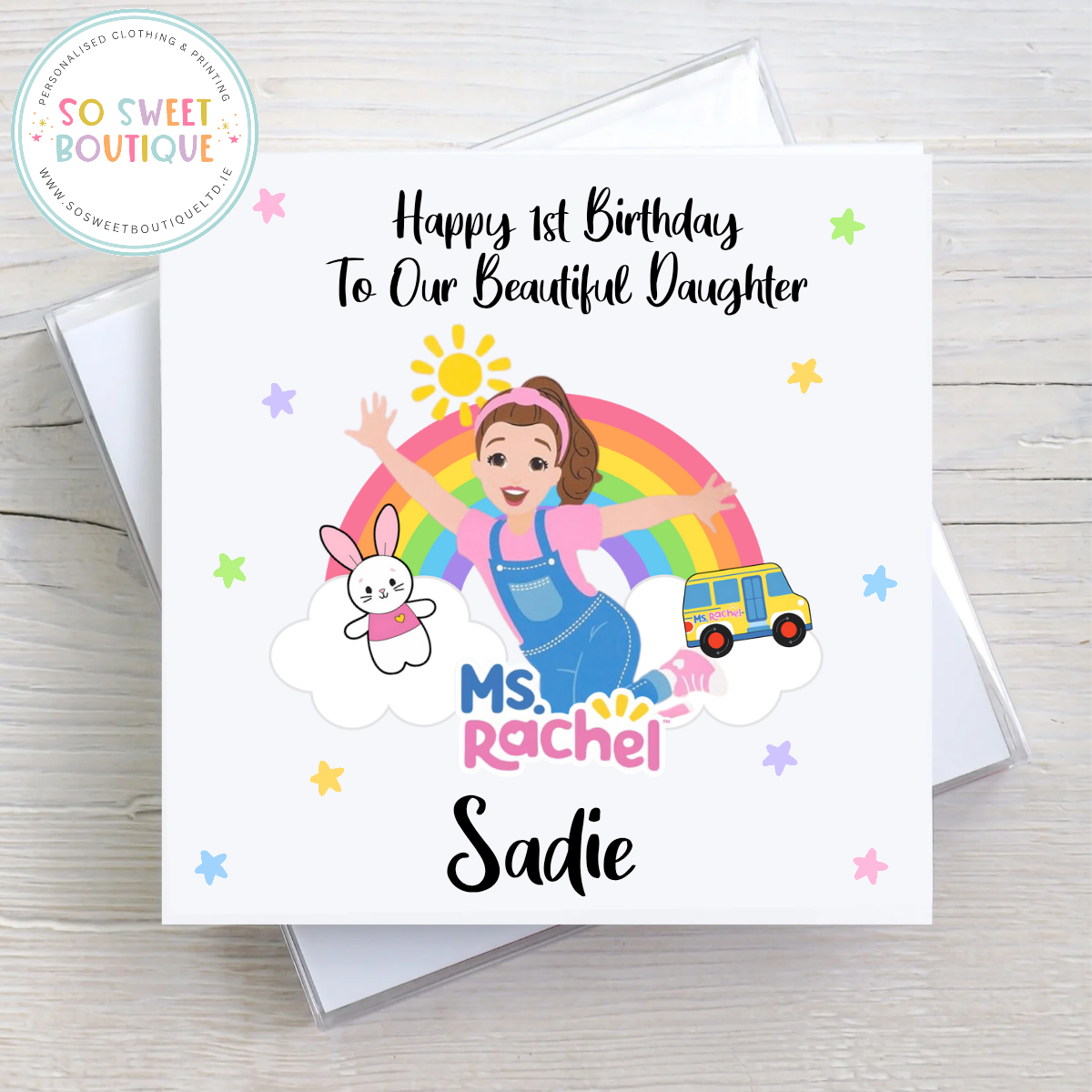 Ms Rachel themed personalized birthday card featuring colorful starry design and custom text, ideal for celebrating special occasions.