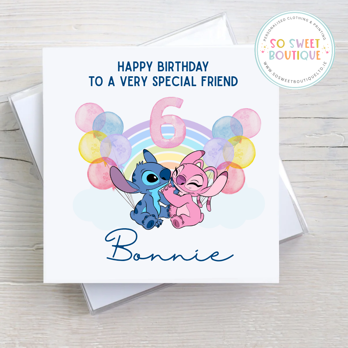 Personalized Stitch and Angel themed birthday card with colorful starry design, perfect for celebrating special occasions.
