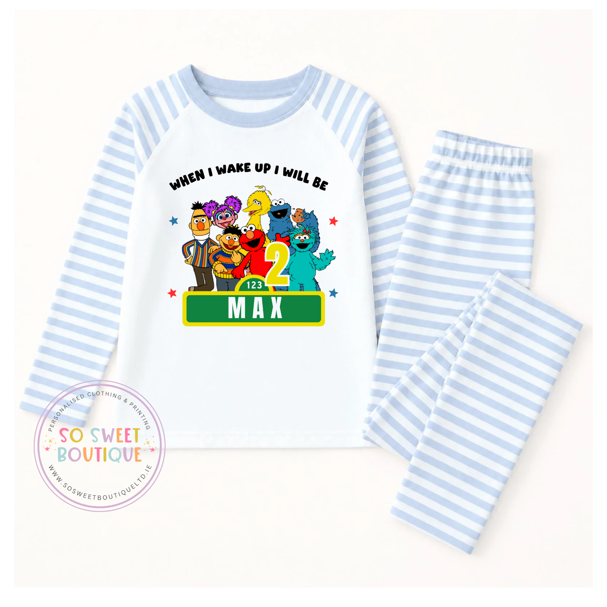 Personalised Sesame Street birthday pyjamas featuring colorful characters and fun design for children from SoSweetBoutiqueLtd.