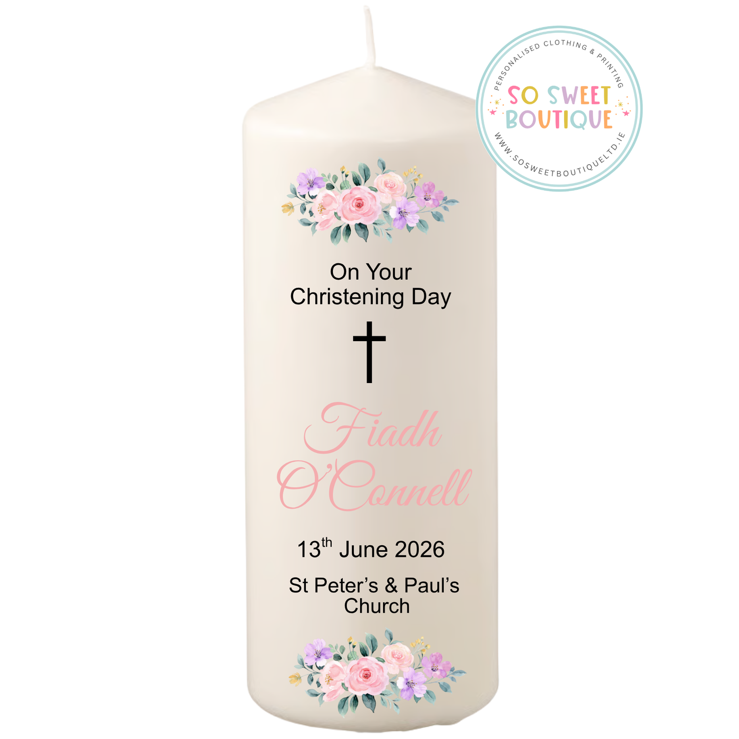 Pink Floral Personalised Christening Candle