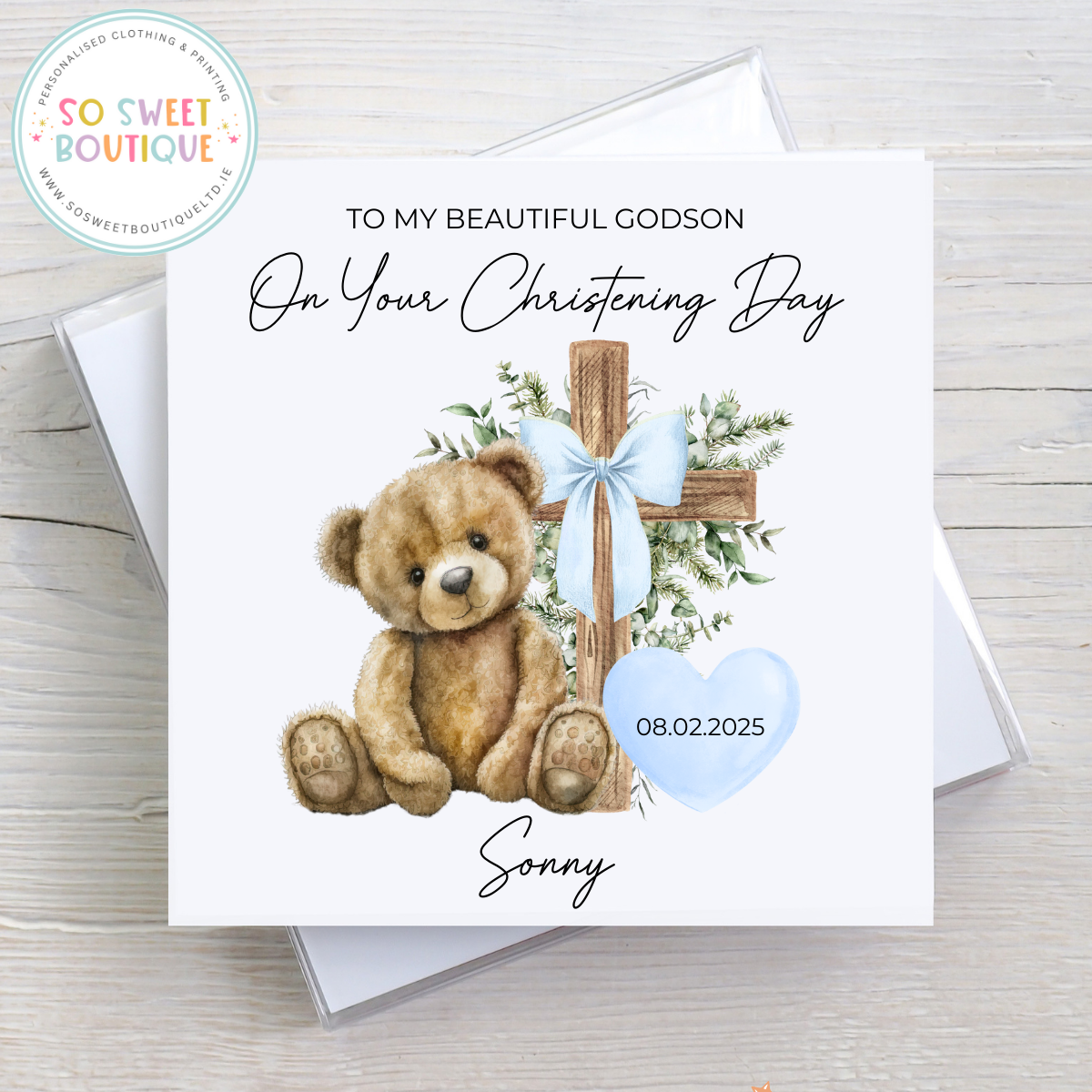 Blue Bear Christening Day Card - SoSweetBoutiqueLtd
