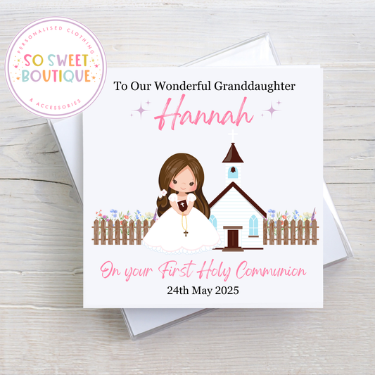 Personalised First Holy Communion Card Brown Long Hair - SoSweetBoutiqueLtd