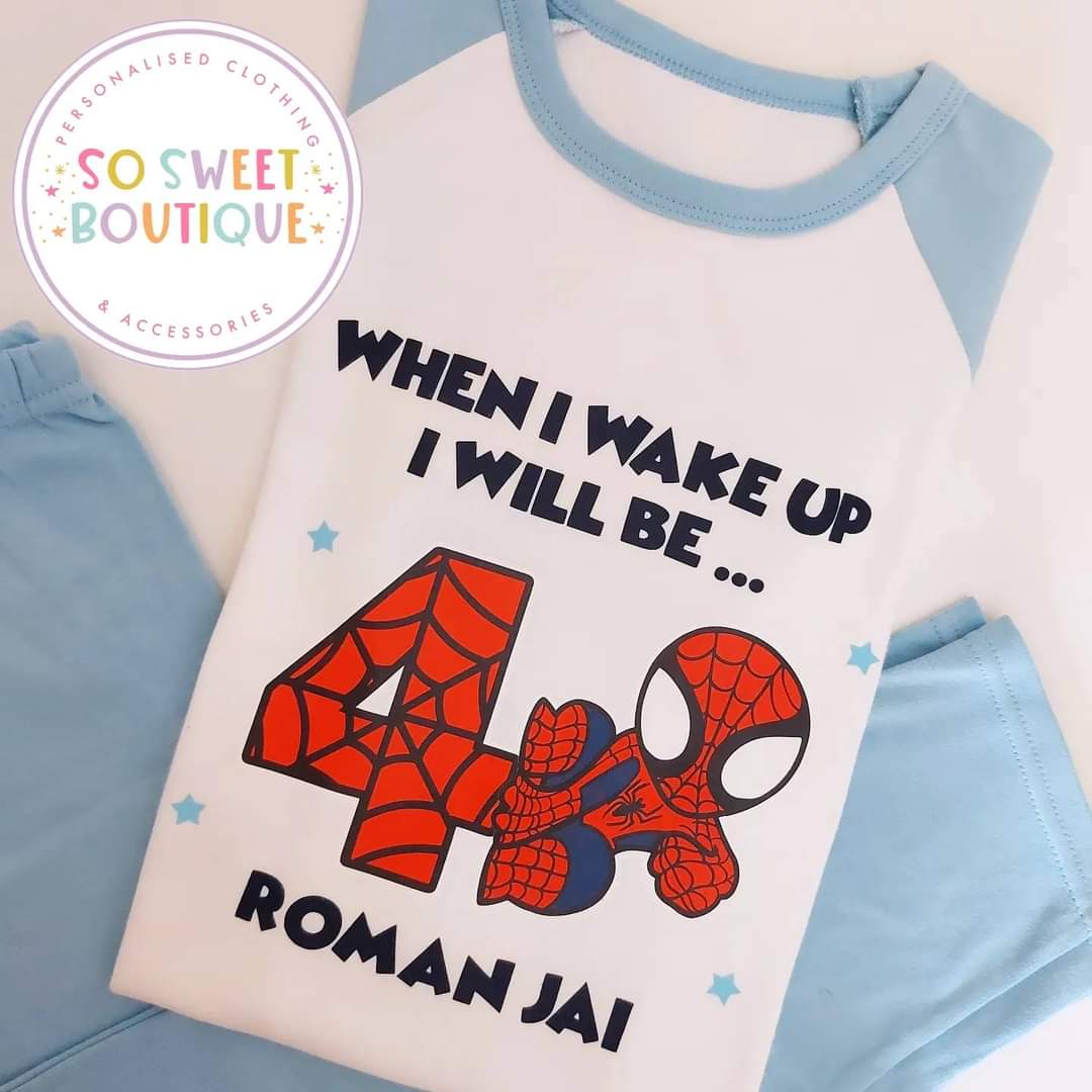 Spiderman themed personalized birthday pajamas for children, featuring a colorful Spiderman design on soft fabric.