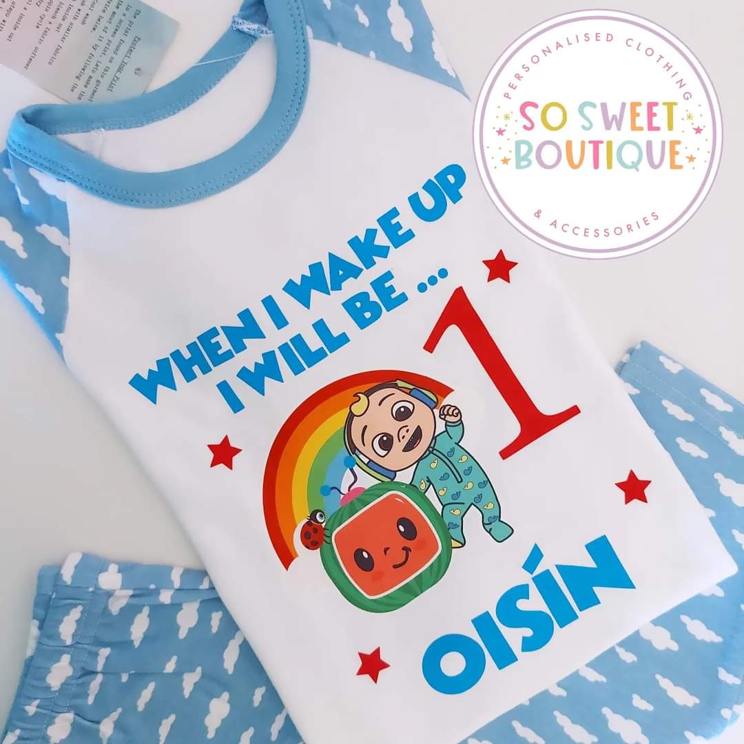 Cocomelon themed personalized birthday pajamas for kids with colorful character prints, made by SoSweetBoutiqueLtd.