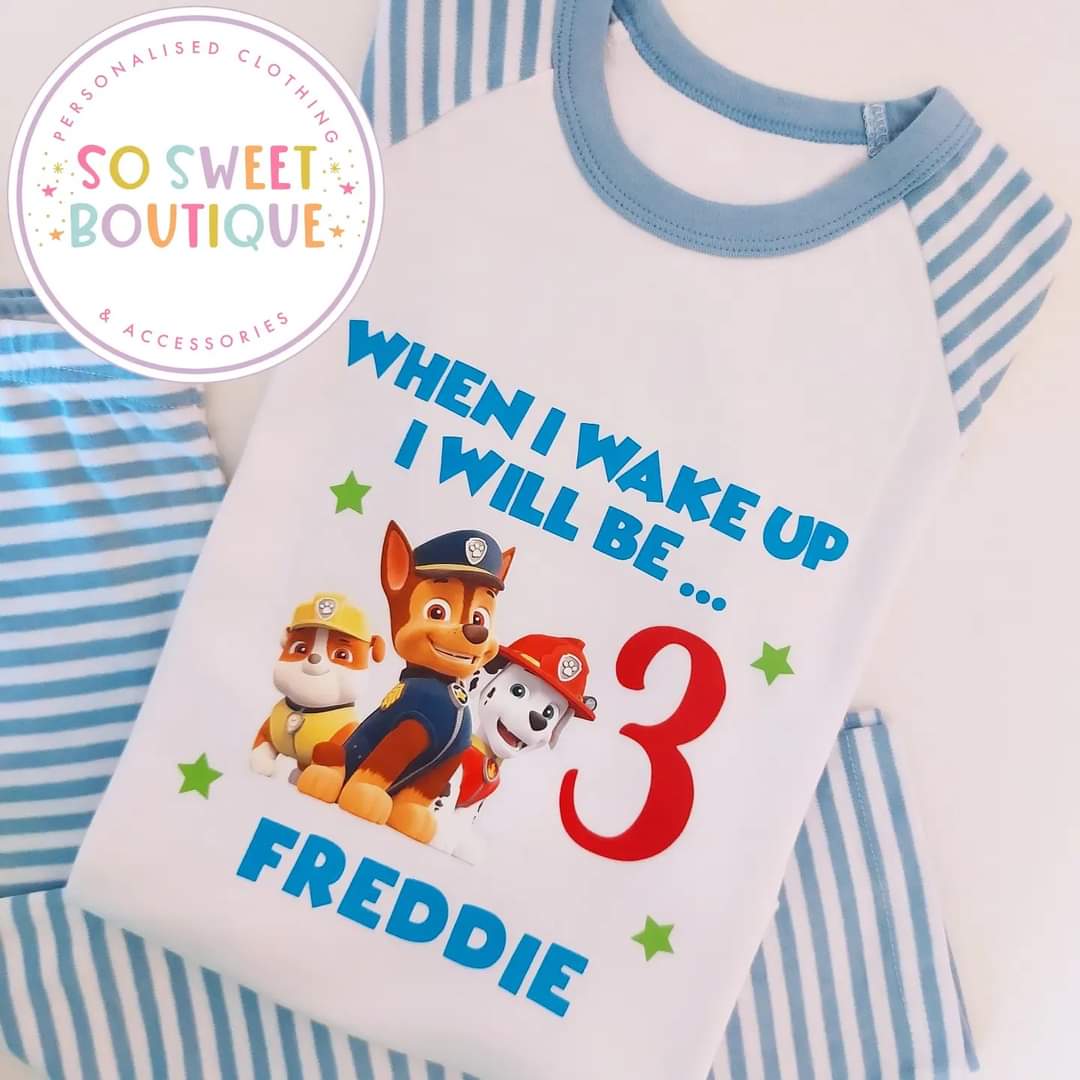 Personalised Paw Patrol birthday pyjamas for kids featuring colorful Paw Patrol characters and fun sleepwear design.