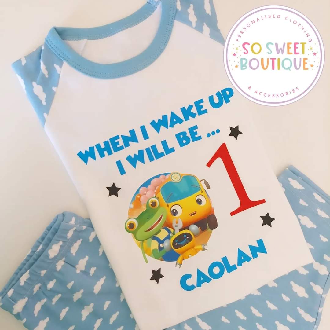 Personalised Gecko's Garage When I Wake Up birthday pyjamas with colorful print for kids, featuring fun cartoon characters.