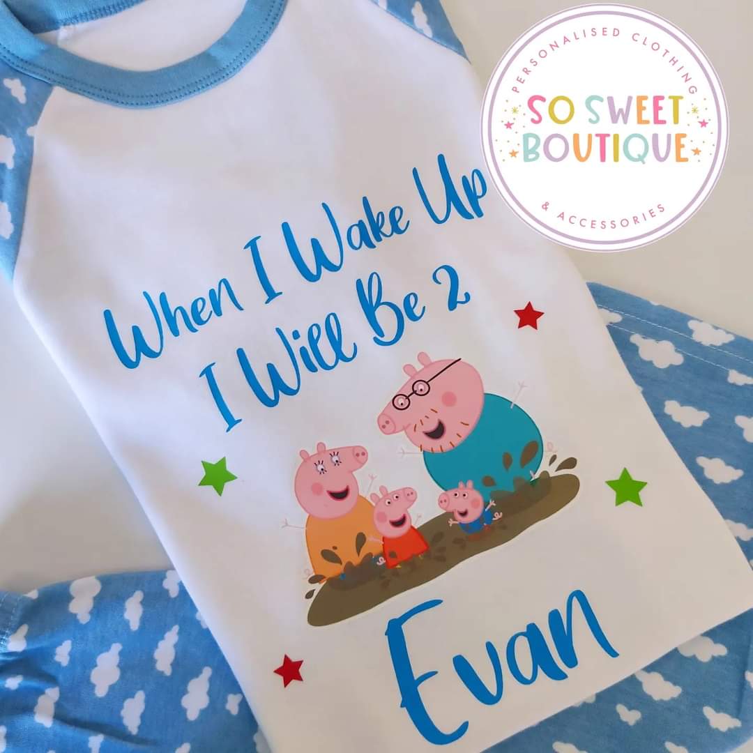 Peppa Pig personalized birthday pajamas for kids, featuring colorful print and comfortable fabric from SoSweetBoutiqueLtd.