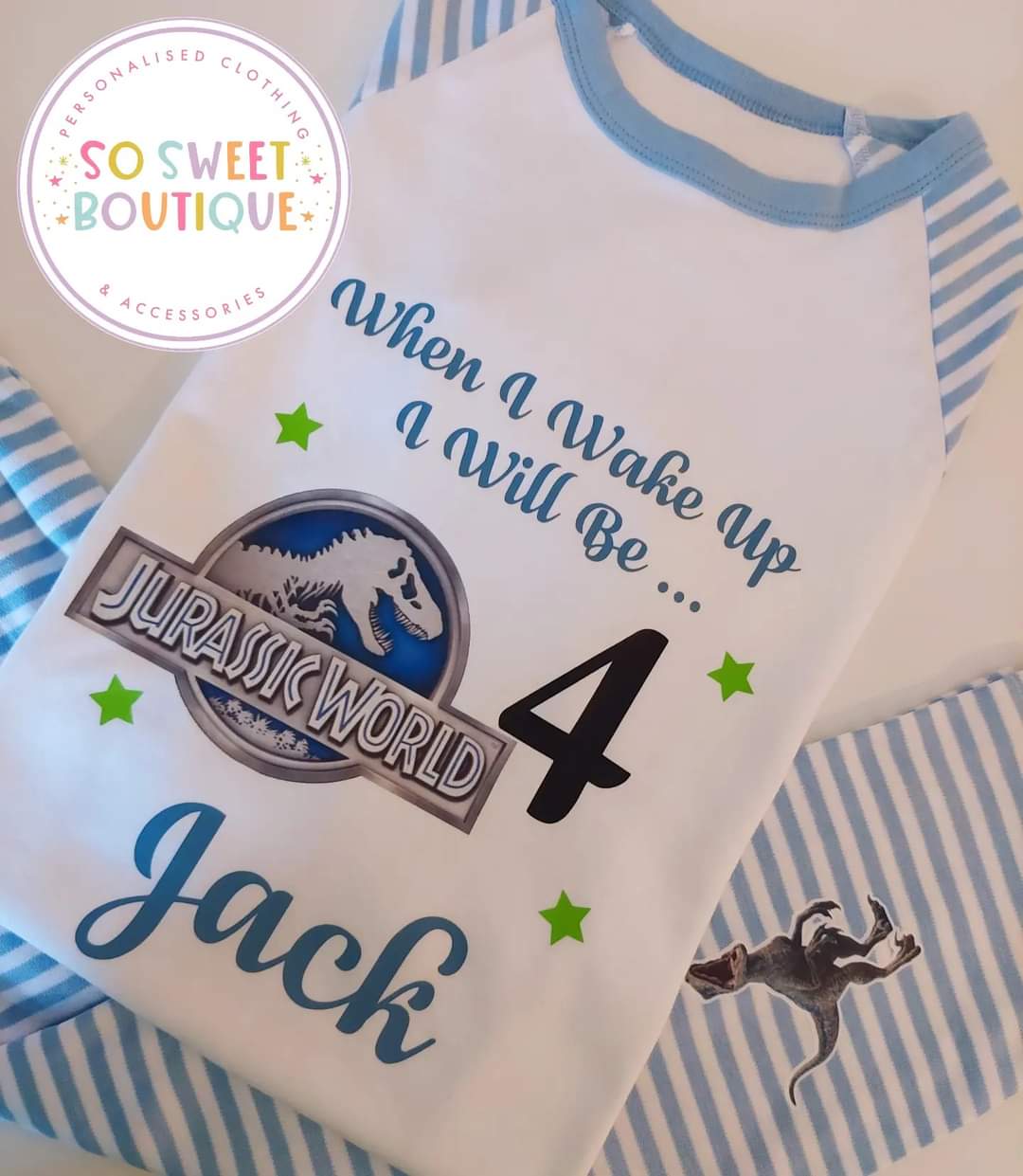Personalized Jurassic World birthday pajamas for kids featuring dinosaur designs, made by SoSweetBoutiqueLtd.