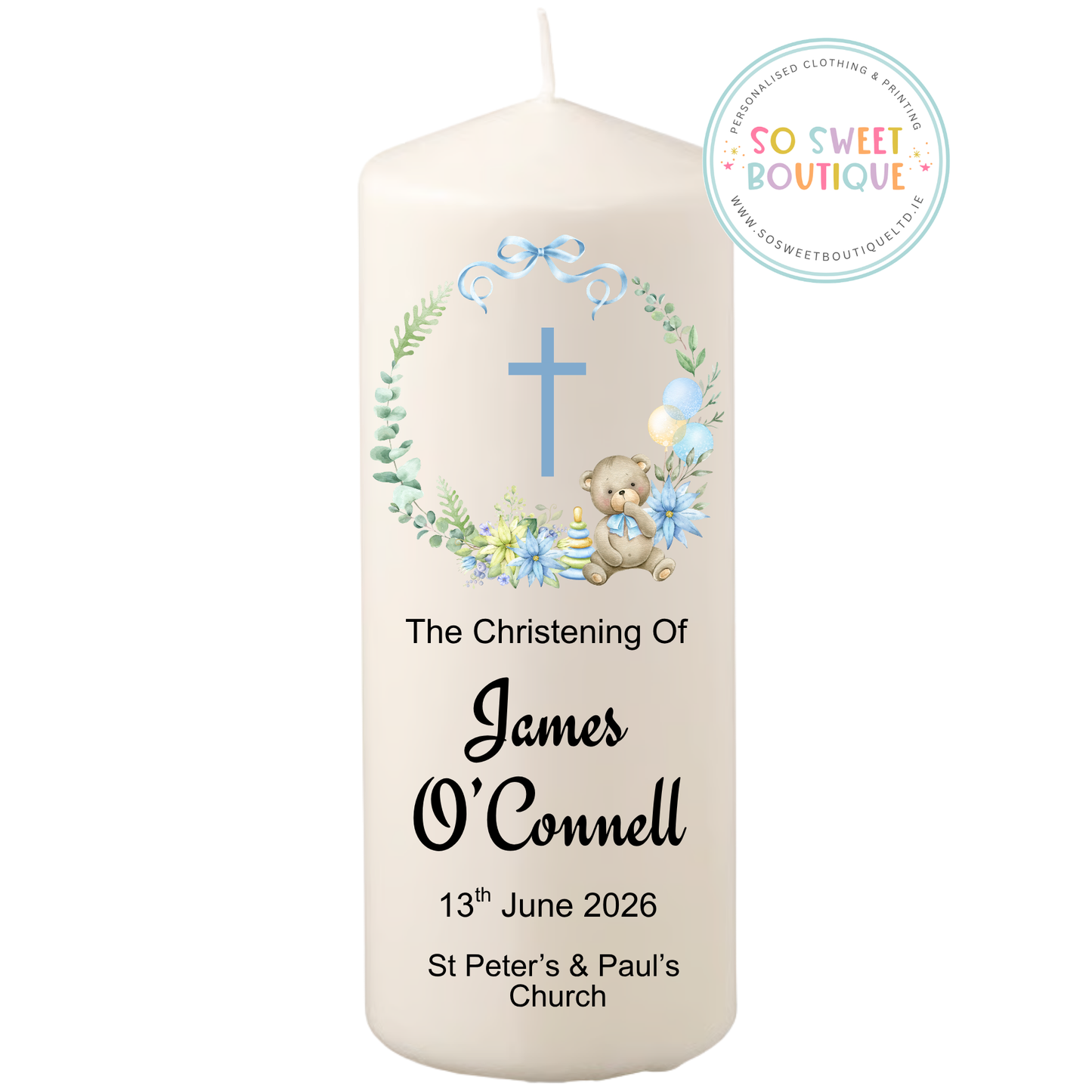 Blue Bear Personalised Christening Candle