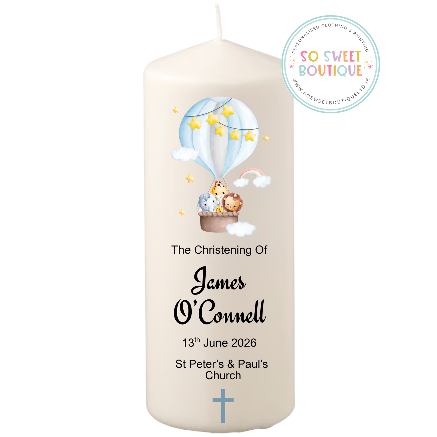 Blue Hot Air Balloon Personalised Christening Candle