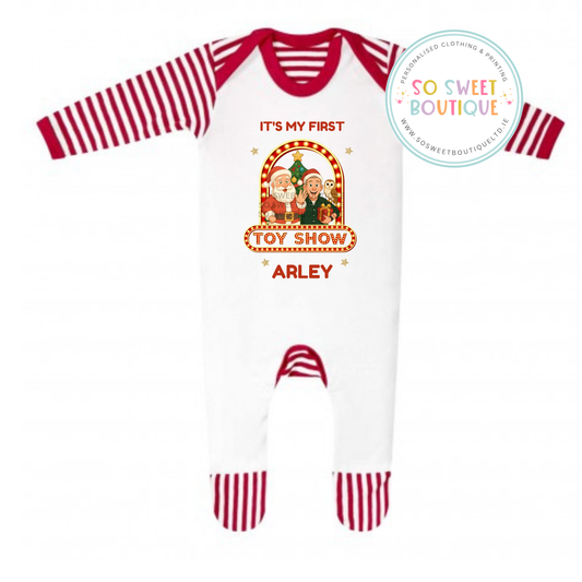 The Toy Show Red Stripe Unisex Personalised Babygro Sleepsuit