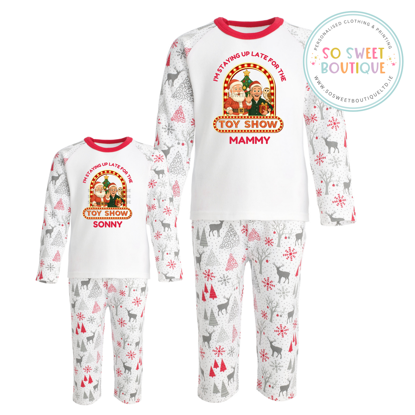 The Toy Show Personalised Unisex Reindeer Matching Family Pyjamas.