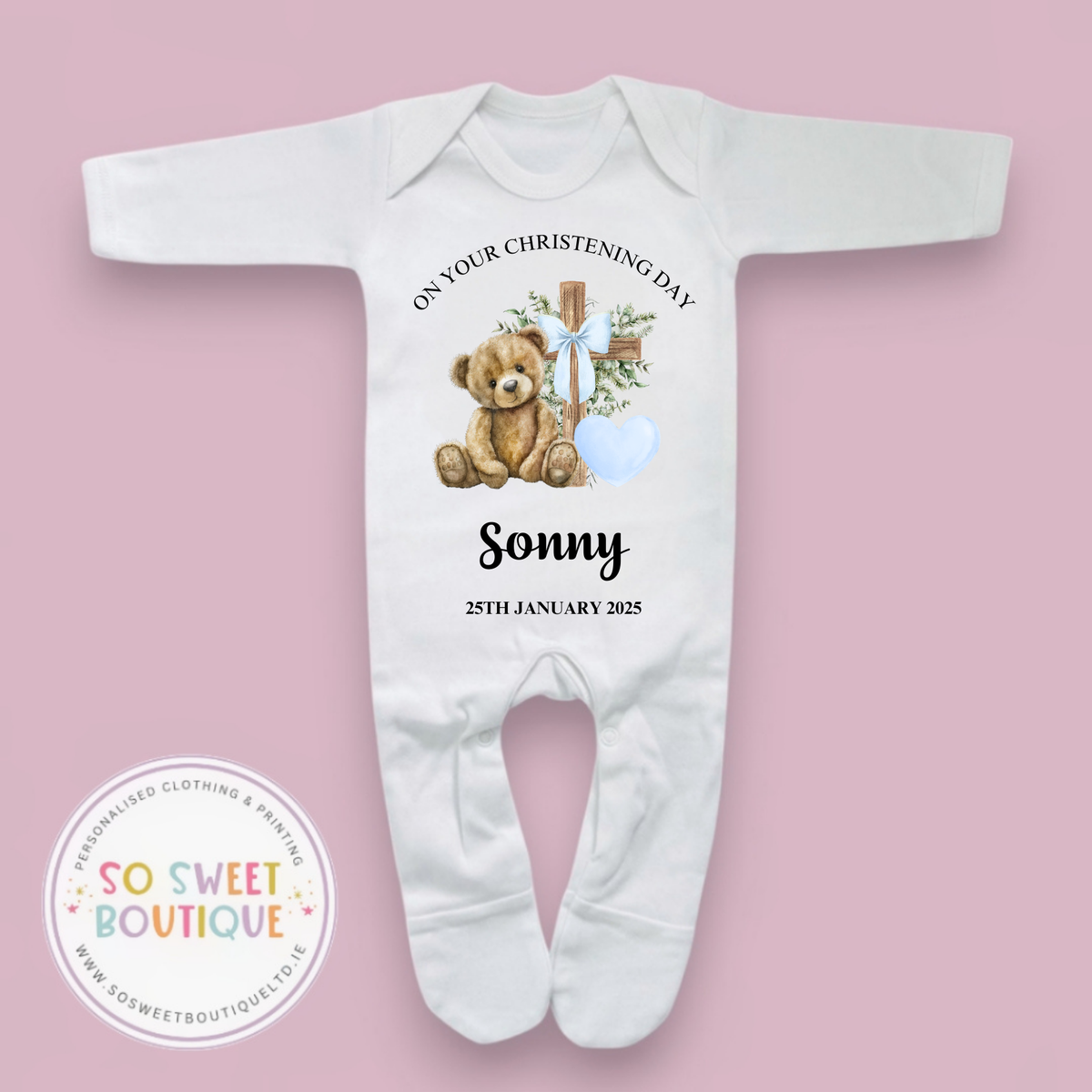 Blue Bear Christening Baptism Personalised White Sleepsuit Babygro