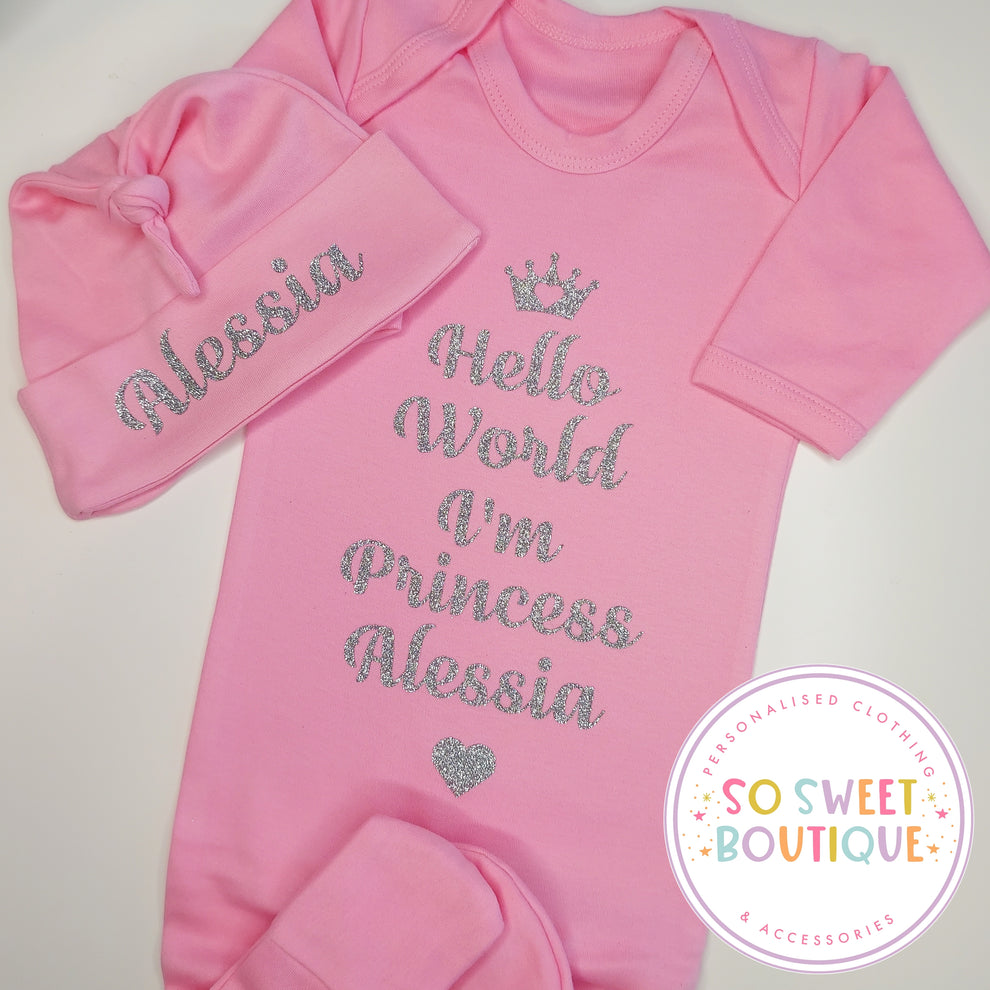 Hello World Pink Baby Sleepsuit & Hat Set