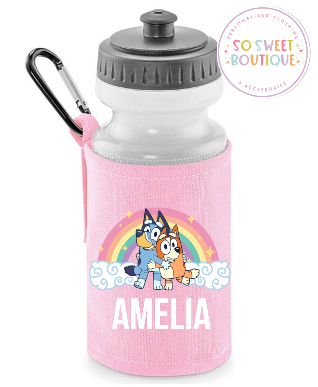 Bluey themed 500ml Personalised Pink Water Bottle & Holder