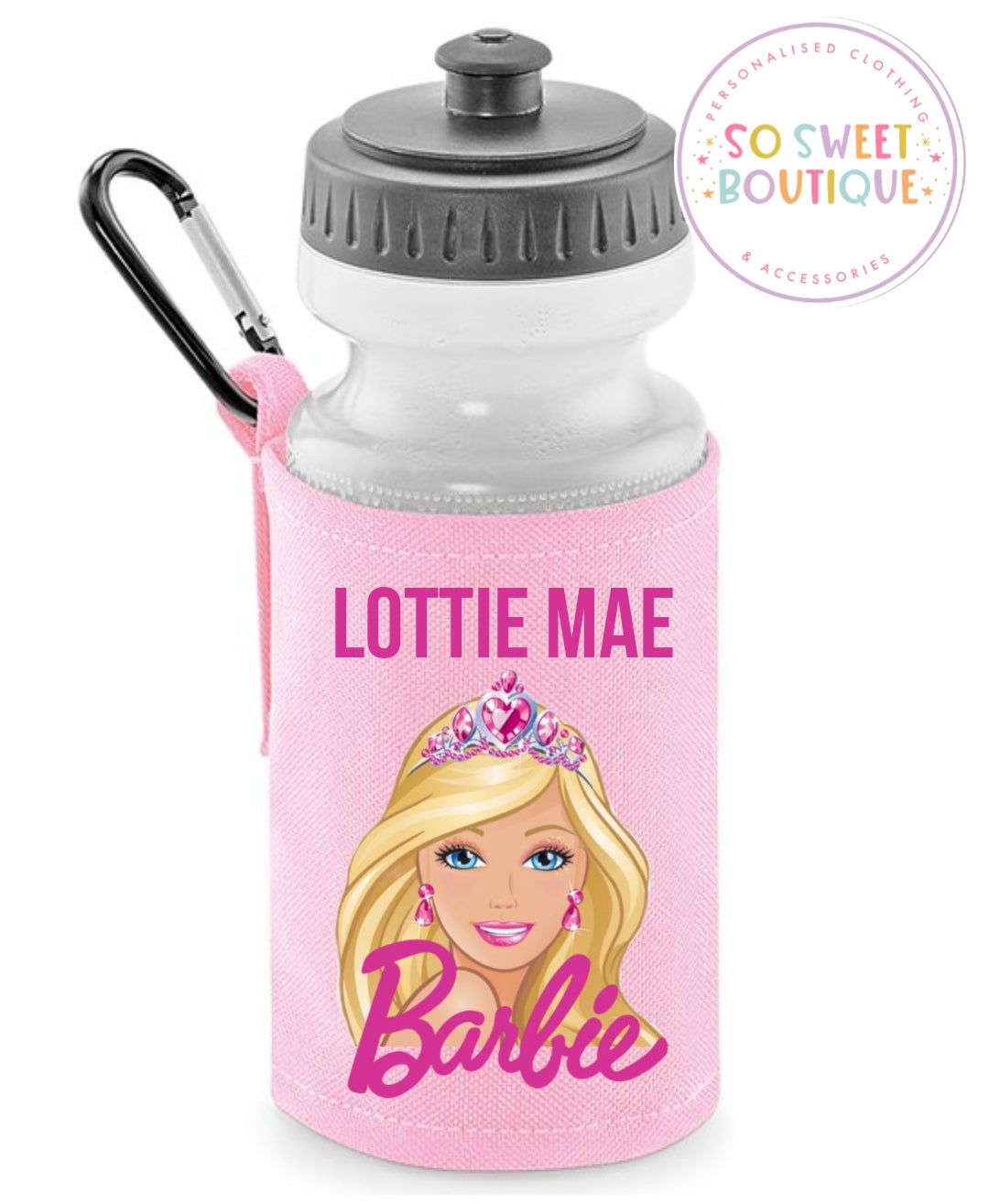 Barbie themed 500ml Personalised Pink Water Bottle & Holder