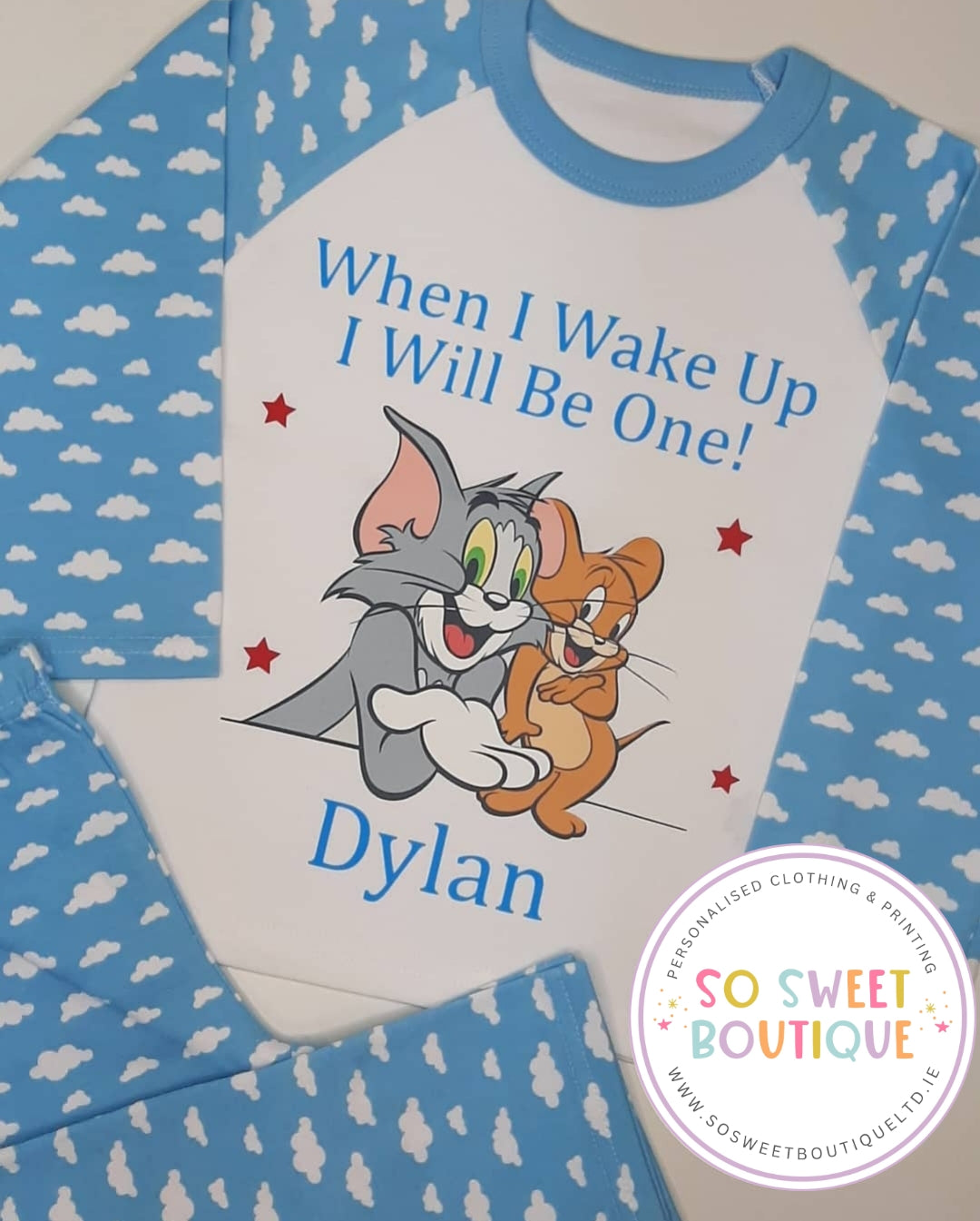 Personalized Tom and Jerry birthday pajamas for kids, featuring colorful cartoon characters and comfortable fabric.