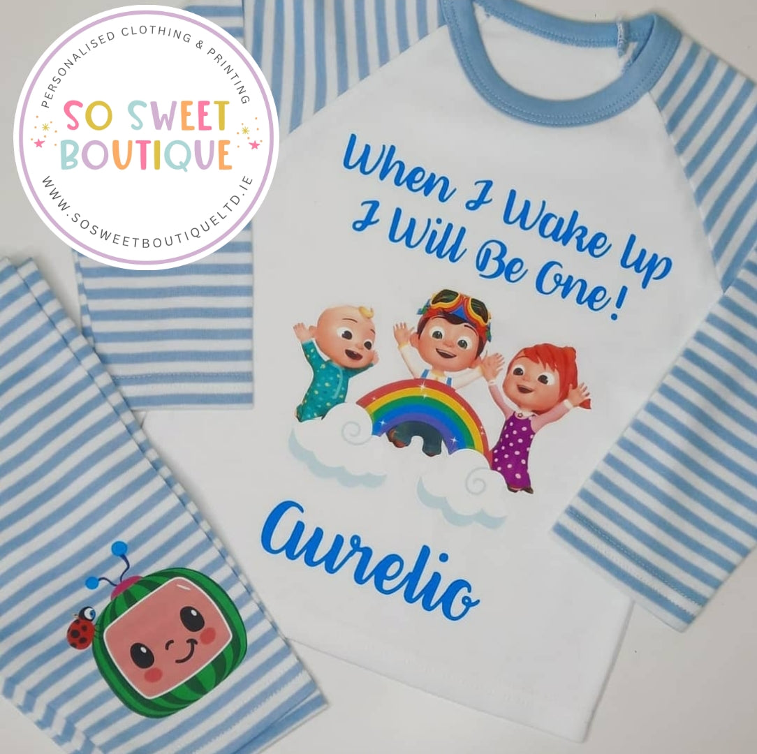 Personalised Cocomelon When I Wake Up birthday pyjamas for kids, featuring colorful Cocomelon design and soft fabric from SoSweetBoutiqueLtd.