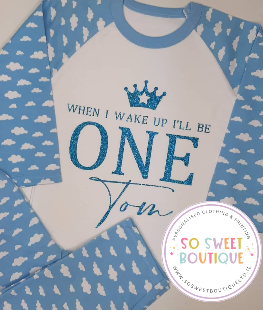 Blue Crown When I Wake Up personalized birthday pajamas from SoSweetBoutiqueLtd, featuring a playful crown design on soft fabric.