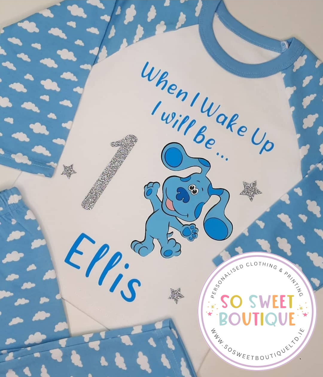 Personalized Blues Clues birthday pajamas for kids with colorful print, featuring character images and fun sleepwear design.
