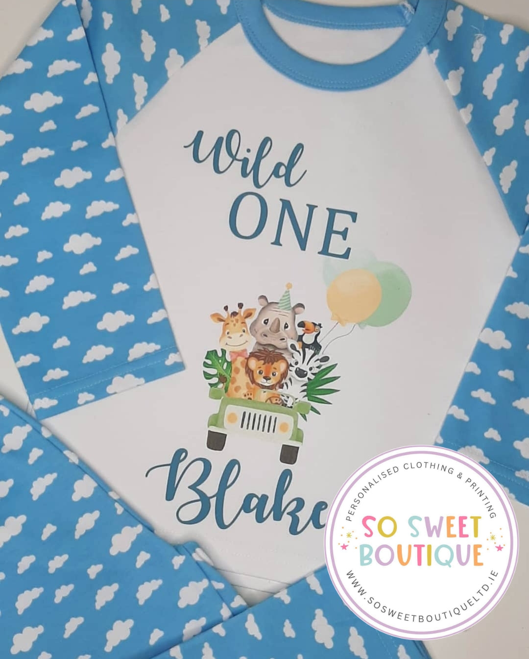 Personalized Safari When I Wake Up birthday pajamas for kids, featuring jungle animal prints and soft cotton fabric.