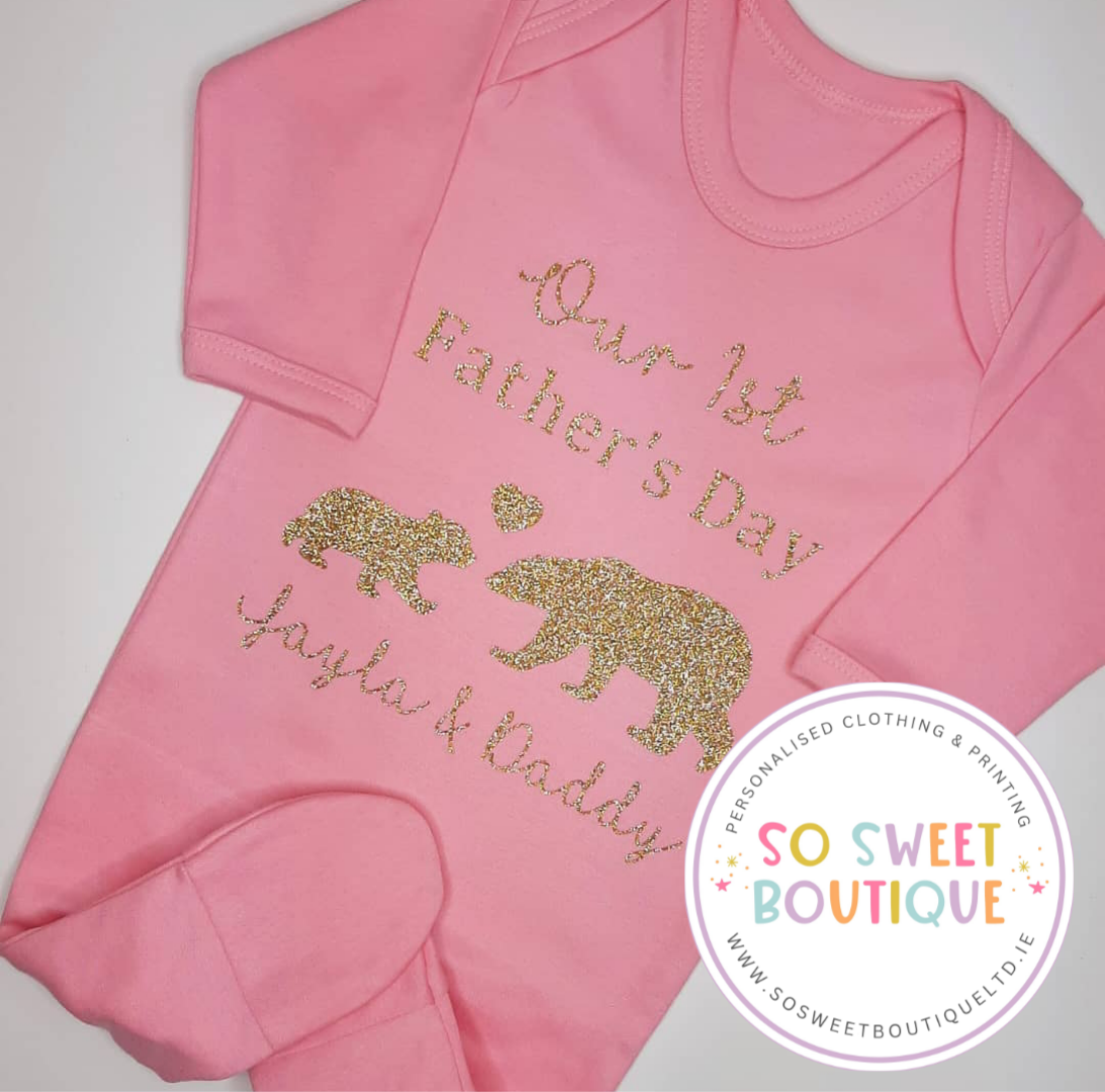 First Father's Day Bear themed Pink Babygro Sleepsuit