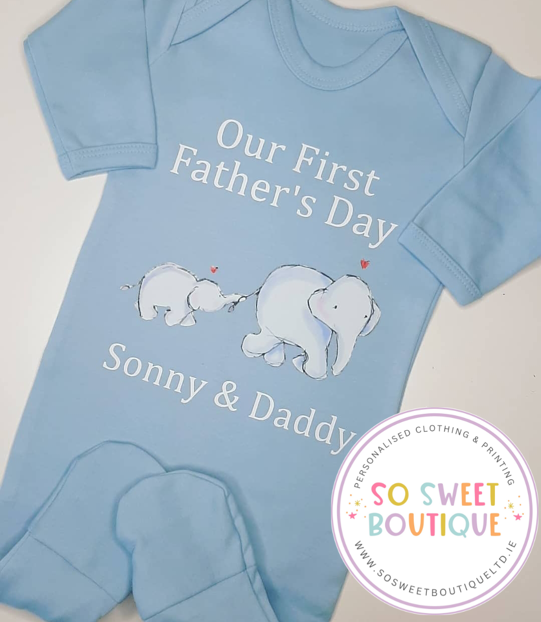 First Father's Day Elephants Personalised Blue Babygro Sleepsuit - SoSweetBoutiqueLtd