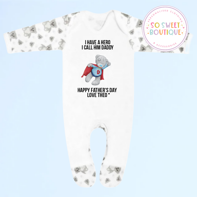 Superhero Father's Day Grey Bear Personalised Babygro Sleepsuit - SoSweetBoutiqueLtd