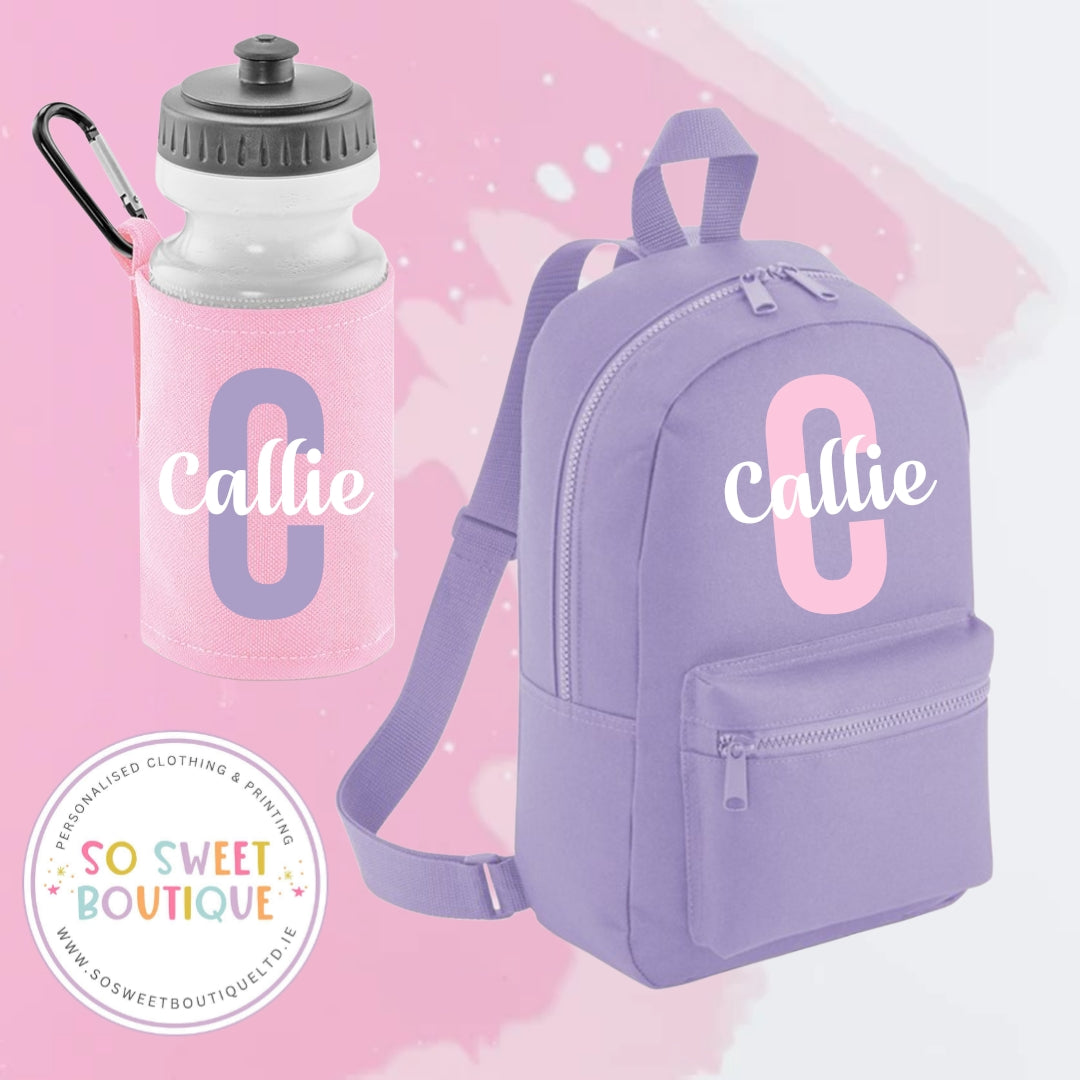 Lavender & Pink Initial Style Backpack And Waterbottle Set