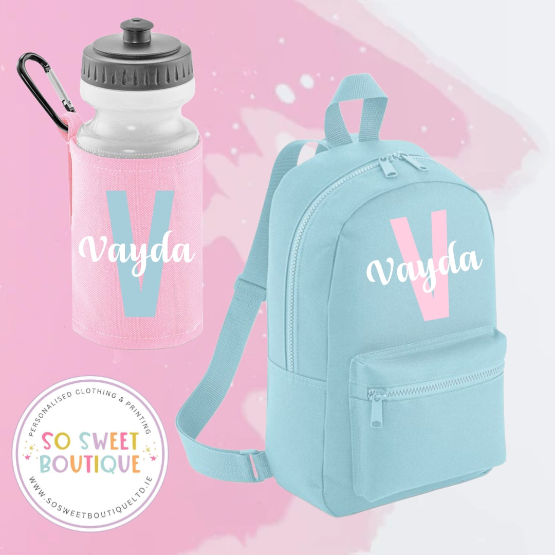 Pink & Blue Initial Style Backpack And Waterbottle Set