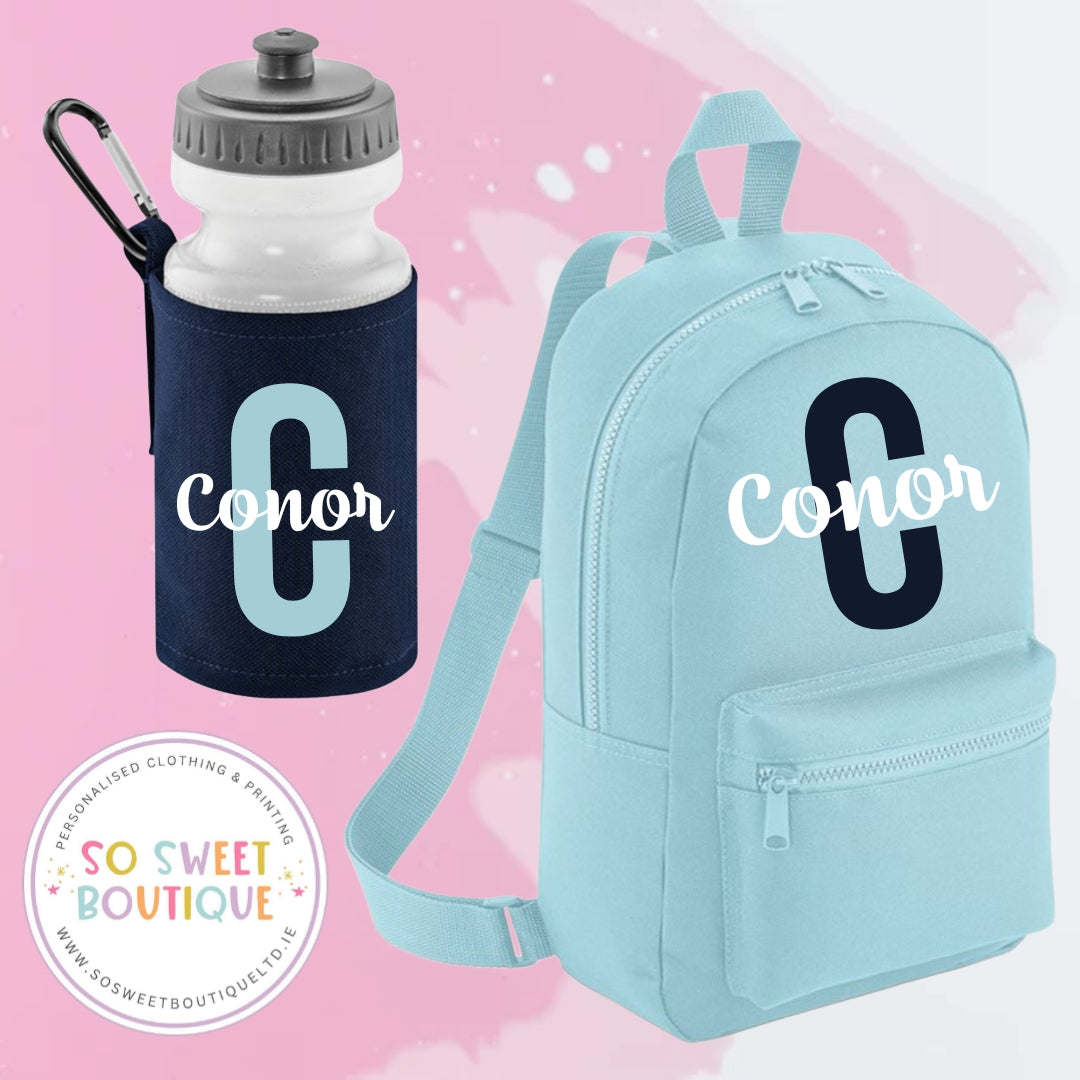 Navy & Blue Initial Style Backpack And Waterbottle Set