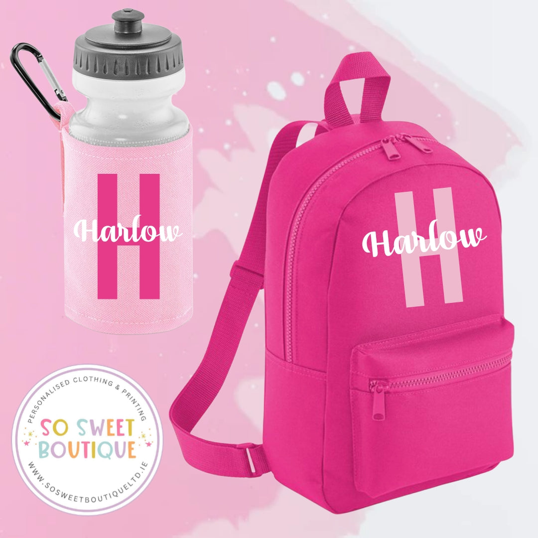 Pink Initial Style Backpack And Waterbottle Set