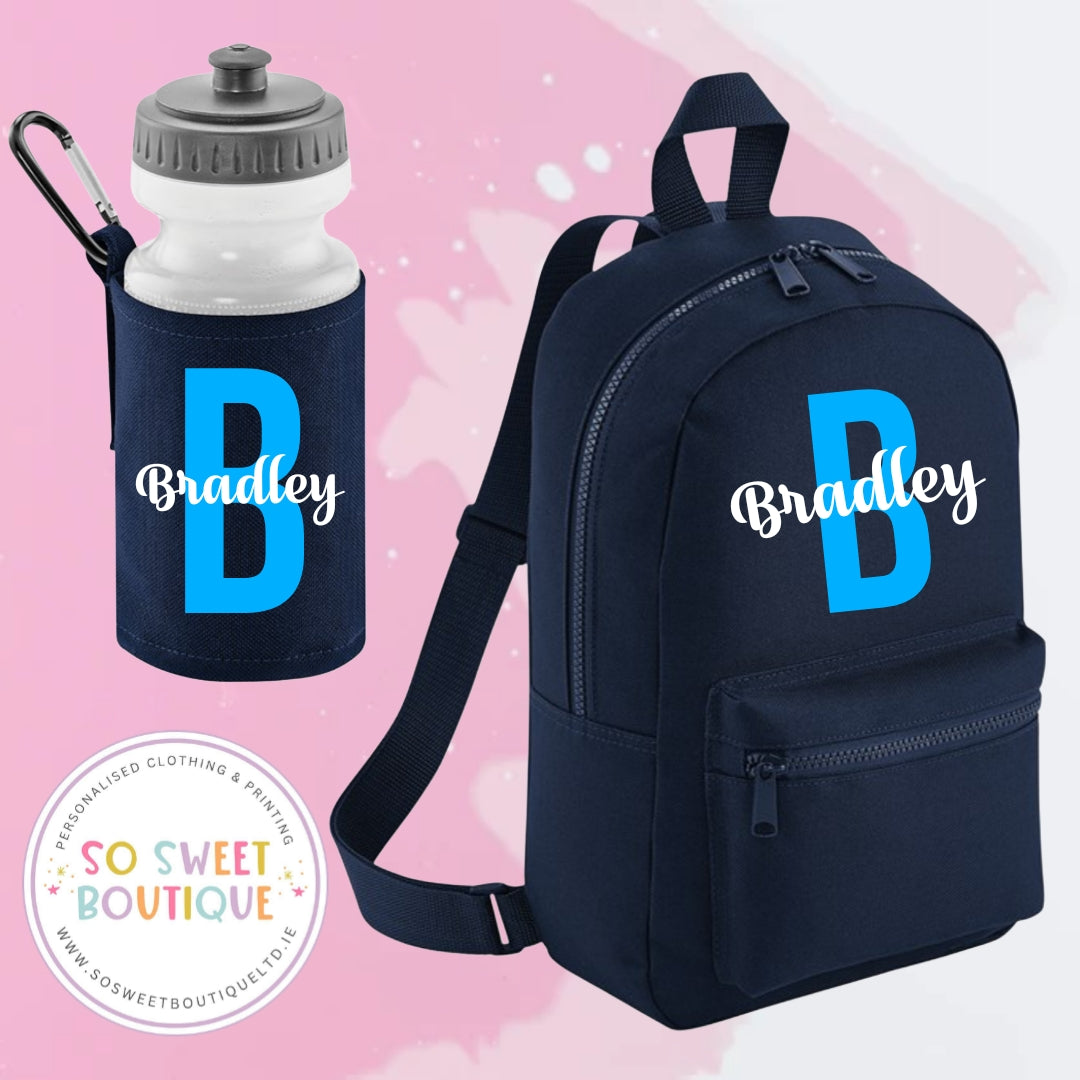 Navy Initial Style Backpack And Waterbottle Set