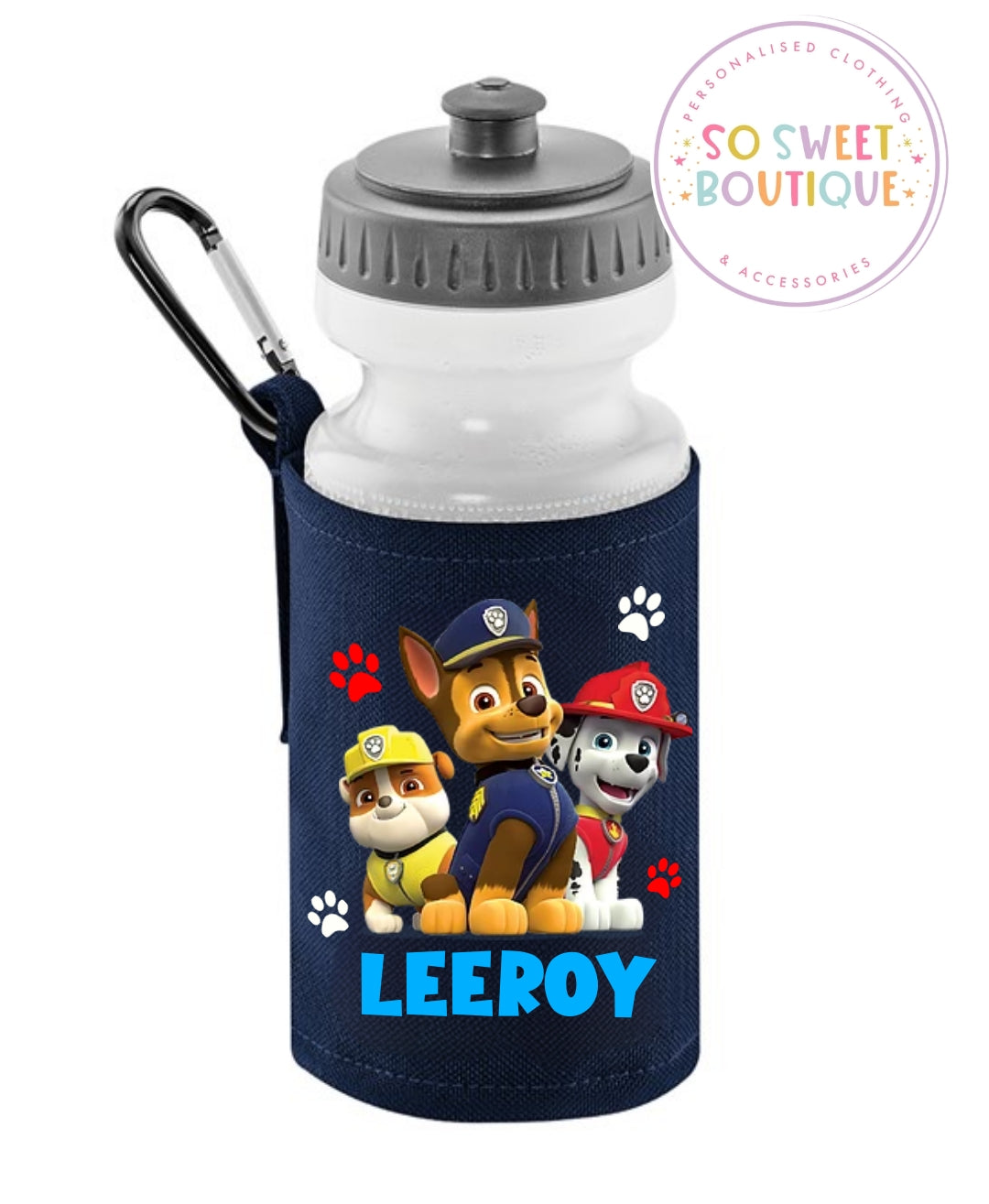 Paw Patrol themed 500ml Personalised Navy Water Bottle & Holder