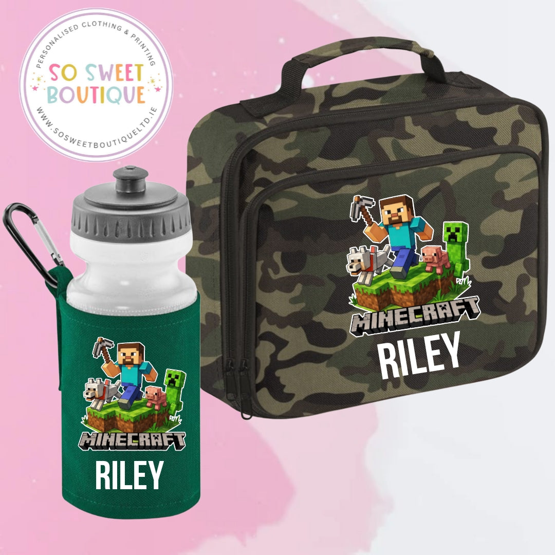 Minecraft themed Personalised Insulated Lunch Bag & Water Bottle Set