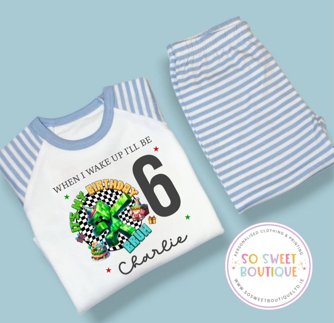 Personalised Minecraft When I Wake Up birthday pyjamas featuring colorful Minecraft characters and playful design on soft fabric