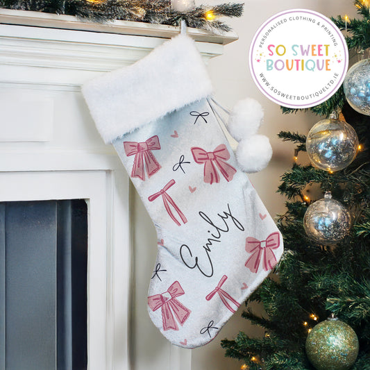 Pink Bow Personalised Christmas Stocking