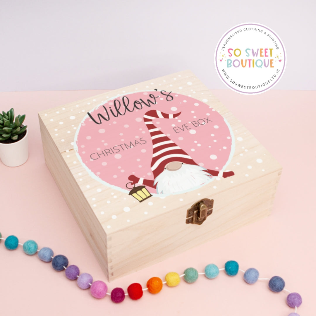 Pink Gnome Personalised Christmas Eve Wooden Box