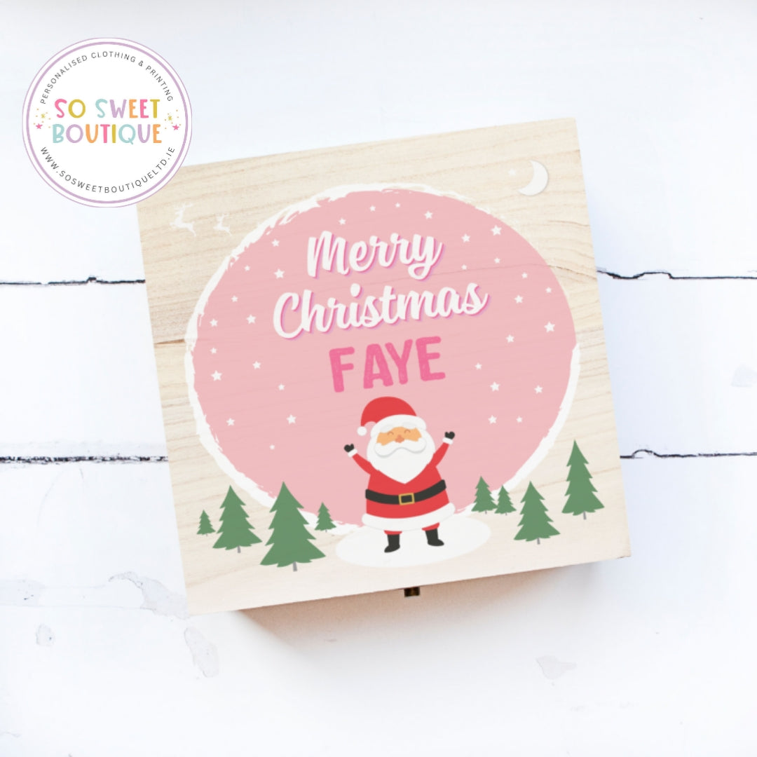Pink Happy Santa Personalised Christmas Eve Wooden Box