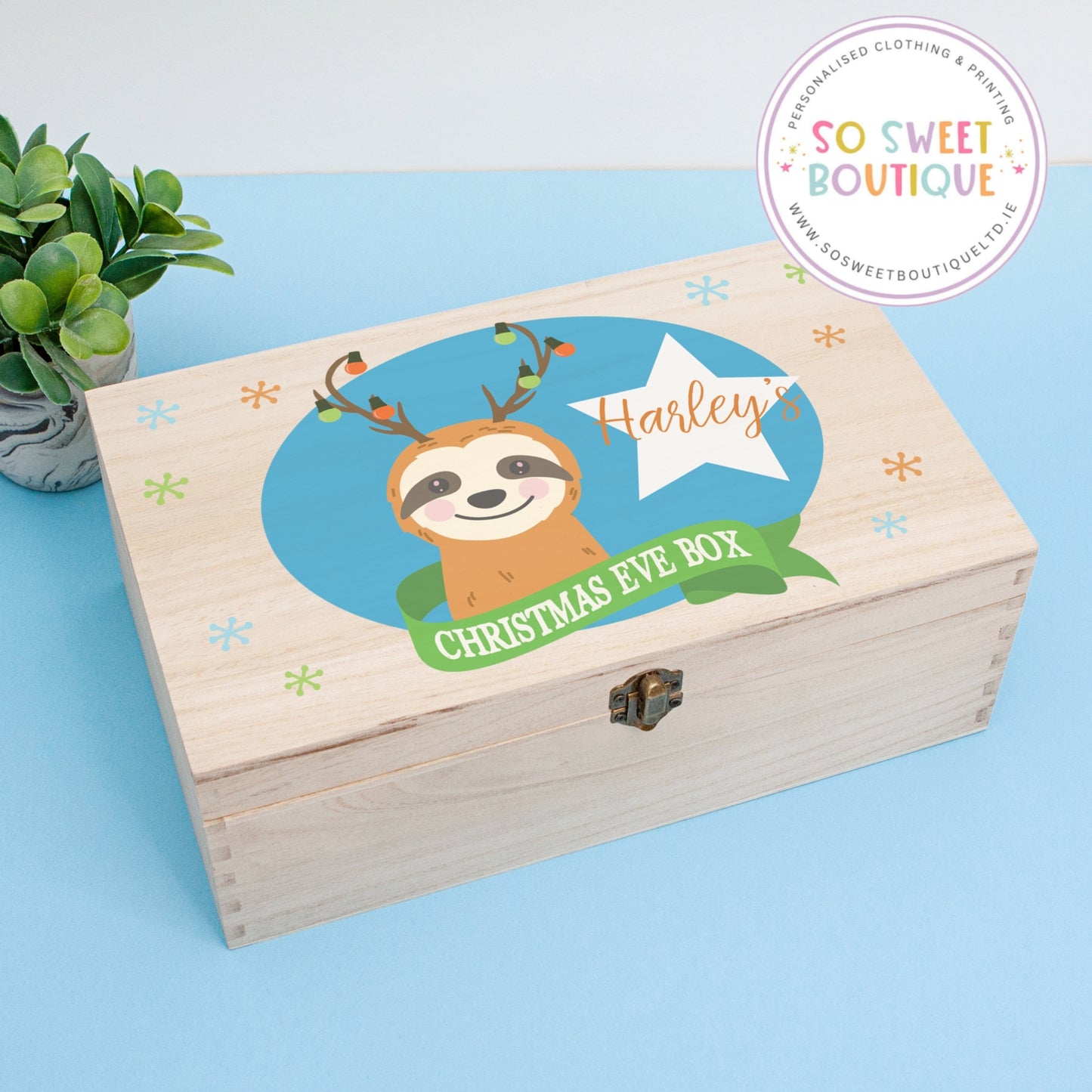 Festive Sloth Personalised Rectangular Christmas Eve Wooden Box