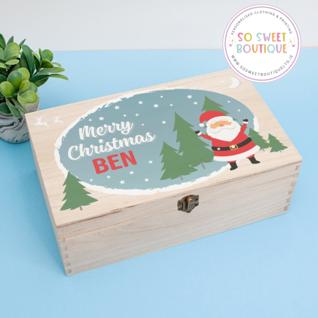 Blue Happy Santa Personalised Rectangular Christmas Eve Wooden Box