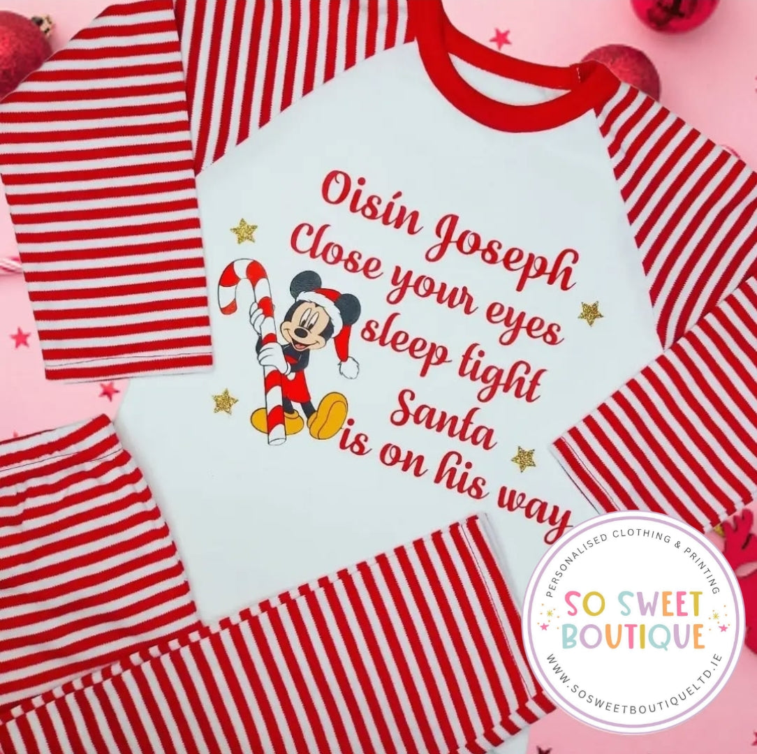 Mickey Personalised Christmas Eve Red Stripe Pyjamas
